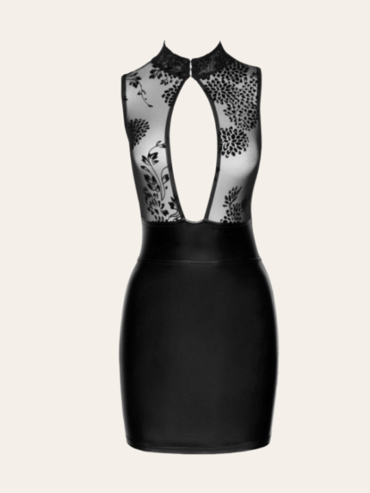 Robe courte wetlook & transparence – Décolleté plongeant et tour de cou sexy