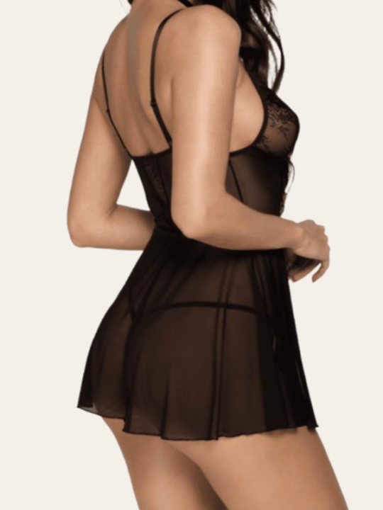 Babydoll Olivia – Dentelle noire avec collier & culotte