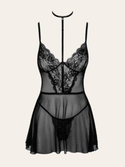Babydoll Olivia – Dentelle noire avec collier & culotte