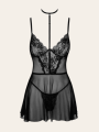 Babydoll Olivia – Dentelle noire avec collier & culotte